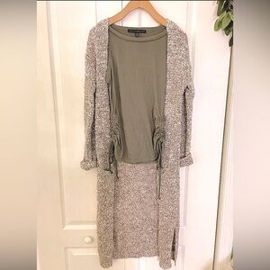 White House Black Market Green Ruched Tank Top + Tan / White Long Sweater Duster